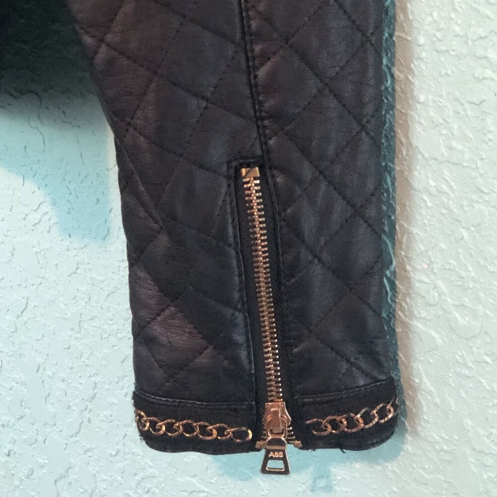 Members Only Womens Zip Front Moto Jacket Small Black Gold Tone Chain Link FLAWS - Picture 7 of 13